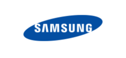 company logo in white capital letters on a background of a blue ellipse SAMSUNG