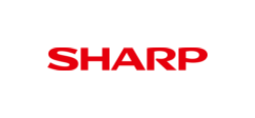 ein Firmenlogo mit dem Wort SHARP in roten Großbuchstaben