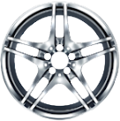 front of silver car rim on blue background